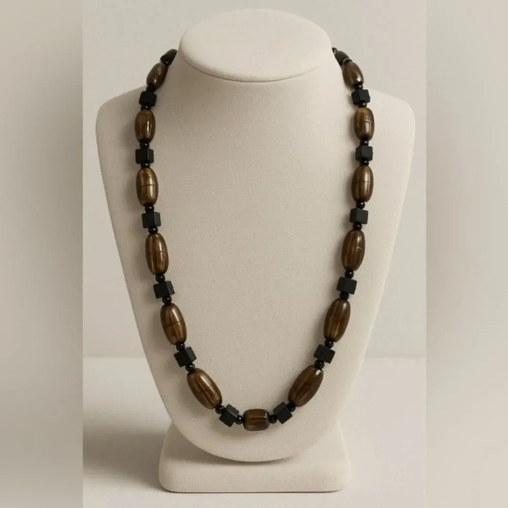Y2K Vintage Womens Black & Brown Beaded Ombré Long Matinee Rope Necklace‎ 90's